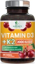 Vitamin D3 K2 2000 IU Plus s K2 (MK-7) 75 mcg - Vitamíny D & K Komplexní dodatek pro kosti, zuby, svalovina, absorpce vápníku, podporuje imunitní a srdeční zdraví, Non- GMO žvýkací vzorec - 180 Tablety