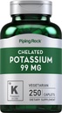 Piping Rock Chelated Draslík Supplement 99mg color 124; 250 Caplet color 124; Draslík Gluconate color 124; Vegetarian, Non- GMO, gluten zdarma