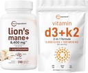 Mikro ingredience Vitamin D3 5,000iu + K2 100mcg Softgels & Lions Mane doplněk 240 Veggie Kapsle Bundle 2 Balení 124; Essential Sunshine Vitamíny I124; Superfood Houbový Antioxidanty s L- Ergothionein