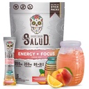 Salud 2- in-1 Energy Drink Powder + Focus, Peach Lemonade, Organic Caffeine, B6 + B12, Theanine, Clean Energy Drink Packets, Agua Fresca Mix, Non- GMO, Gluten Free, Vegan, 1g cukru, (15 Služeb)