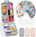 3 Pack 14 Grids Travel Pill Pořadatel Box s 415- Pcs Medicine Name Labels - Pocket Daily Pharmacy Case Container Kit - Travel Medication Holder Disperser for Fish Oil Vitamin Supplement Storage
