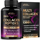 Multi kolagenové peptidy - Hydrolyzované typy I, II, III, V & X - Kolagenový dodatek pro ženy 1300mg - w / Hyaluronic Acid, Vitamíny C & E - Kůže, vlasy, nehty a společná podpora - Vyrobeno v USA, 120 Kapsle