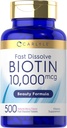 Carlyle Biotin 10,000mcg color 124; 500 Fast Disolution Tablet CLANEK124; pro vlasy, kůži, a nehty CLANEK124; Maximální síla CLANEK124; Vegetarian, Non- GMO, gluten zdarma dodatek