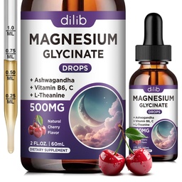 Glycinát hořečnatý Kapky 500 mg, s vitaminem B6, Ashwagandha, L - Theanin, heřmánek, hořčík Glycinát dodatek vysoká absorpce pro spánek, Stres, Energie, Mood - Cherry Flavor