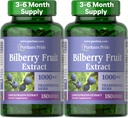 Puritan 's Pride Premium Bilberry Fruit Extract 250 mg (ekvivalent 1000mg), 4: 1 Koncentrovaný tradiční bylinný dodatek, Vitamin C, 3 až 6 Měsíce Dodávka, 180 Rychlé uvolnění Softgels 2-Pack