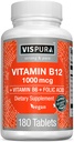 VisPURA vitamin B12 1000 mcg methylkobalamin + B6 / kyselina listová, 180 Veganové tablety, nejlepší doplněk ke zvýšení energie, Enhance Mood, Sharpen Focus *, Organic Supplement
