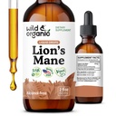 Wild & Organic Lions Mane Liquid Drops - Focus & Brain Support - Lions Mane Supplement - Hericium Erinaceus Mushroom Extract Tincture - Vegan, Alkohol & Sugar- Free - 2 fl oz