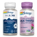 SOLARAY Ashwagandha a Milk Thistle Supplement Bundle, 18X Absorpce Ashwagandha Kapsle pro Mood Support Plus Mléko Thistle Extract, Vegan, 60denní záruka, 30ct / 60ct