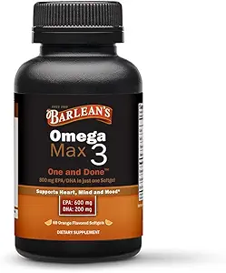 Barlean je ideální Omega Max 3 Rybí olej doplňky, 1000 mg Softgels, EPA a DHA mastné kyseliny pilulky pro muže a ženy, Orange Flavor, 60 Počet