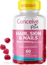 CONCEIVE PLUS Vlasy Kůže a nehty Gummies - Extra-Strength Biotin, VIT A, C, D3, E Vitamíny - Vegan, Příplatek k růstu vlasů - Gelatin- Free - 60 Počet