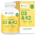 Čistě holistický vitamin D3 125mcg a vitamin K2 90mcg MK7-4 Měsíční zásoba 150 Vegetariánských kapslí - Vitamin D3 & K2 Menaqunione - Vysoká síla Cholecalciferol vyrobený v USA