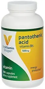 Vitamin Shoppe Pantotenová kyselina 500MG, s vitaminem B5, podporuje výrobu energie a vlasy, kůže, nehty, jednou denně (300 kapsle)