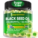 Black Seed Oil Gummies, Chlorofyl & Moss dodatek 500mg, Biotin 500mcg s hydrolyzovaný kolagen pro pleť, vlasy a nehty, Vit E, C, zinek pro celkové zdraví, organické studená tlak, vysoká absorpce