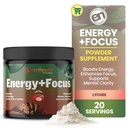 EarthNutri Energy + Focus Powder Supplement - Energy Boost & Helps Concentration with PeakO2, AlphaSize, Cognizin, PurCaf, Theacrin, Acetyl L-Carnitin L-Tyrosin - Lychee Flavor - 20 Služeb (171g)