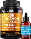 4- in-1 Liquid Biotin Kolagen Keratin Saw Palmetto Drops (2 fl oz - 1 Pack) & 5- in-1 Cejlon Skořice w Turmeric & Ginseng Root (120ct) Bundle - Vlasy, kůže, nehty, a imunitní doplněk podpory