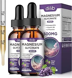 (2 Pack) Glycinát hořečnatý Kapky 500 mg, s vitaminem B6, Ashwagandha, L - Theanin, Heřmánek, Glycinát hořečnatý dodatek vysoká absorpce pro spánek, stres, energetická nálada - Grape Flavor