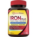 Doctor 's Recipes Iron Supplement for Women Men - Gentle Iron Bisglycinát s vitamínem C, B6, Folát & B12 - Non- Constipating & Žaludek Friendly Iron Pills for Blood & Energy Support, 30 Vegan Caps
