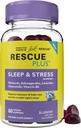 Bach RESCUE PLUS Sleep & Stress Support Gummies, noční dietní dodatek s 1mg melatoninu, Ashwagandha, heřmánek, levandule a vitamín B6, přírodní borůvkový flavor, Vegan & gluten- zdarma, 60 Počet