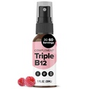 Doplňování Vegan Vitamin Triple B12 Tekuté Spray- 1500 mcg Směs (60 Služeb) Raspberry Flavor- Enhanced Absorpce, Energie, Mood, Nervový systém, Kognitivní funkce pro děti a dospělé