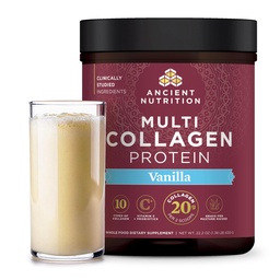 Starověké výživy Kolagen Peptidy Prášek, Multi kolagen Protein, Ženy & Muži, Vitamin C, Probiotika, Hydrolyzované kolagen, Podporuje pleť, Sponky, Gut zdraví, Vanilla, 60 Služební
