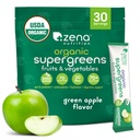Zena Nutrition Organic Super Green Powder, 70 + Superfoods, 0 Cukr, 3G Fiber, Spirulina, Chlorella, Antioxidanty, Prebiotika / Probiotika, Digestive Enzymes, Green Apple, 30 Drink Mix Packets