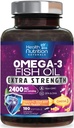 Omega 3 Fish Oil 2400 mg - Triple Force Omega3, EPA & DHA Fatty Acids Supplementary - Přírodní podpora pro imunitní, srdeční a mozkové zdraví - Wild Catch, Non- GMO, Lemon Flavor, Burless - 180 Softgels
