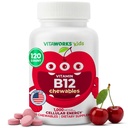 Děti Vitamin B12 1000 mcg Žvýkací tablety - Chutné přírodní třešňové aroma - Vegan, GMO-Free, Gluten Free, Nut Free - Dietní dodatek - Buněčné energetické vitamíny pro děti - 120 Žvýkačky