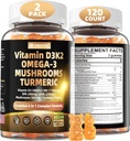 Vitamin D3 5000iu (125mcg) + Vitamin K2 (MK7) Gummie s řasou Omega 3 glic124; Maximální síla Vitamin D3 + K2 glic124; pro kosti, zuby, energie, imunitní, absorpce vápníku - Vegan, bez cukru, 120Ct