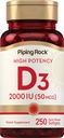 Piping Rock Vitamin D3 2000 IU PHARMAN124; 250 Softgels PHARMAN124; High potency PHARMAND124; Cholekalciferol Supplement PHARMAN124; Non- GMO, gluten zdarma
