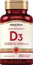 Piping Rock Vitamin D3 10000 IU PHARMAN124; 250 mcg PHARMAN124; 250 Softgels PHARMAN124; High potency PHARMAN124; Non- GMO & Gluten Free Supplement
