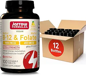 Jarrow Compatias Methyl B-12 1000MCG & Methyl Folate 400MCG, Extra Strength, Cellular Energy Metabolismus & Kardiovaskulární Zdravotní vzorec (1) S P-5-P, 100Chewable Tabs, Až 100 denní zásoba, 12Balení