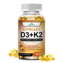 Vysoce účinný vitamin D3 5 000 IU + K2 - Vegan, Non- GMO, s organickým kokosovým olejem pro lepší absorpci - Podpora kostí a srdce - 60denní dodávka, 120 Softgels