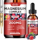 Triple Magnesium Complex Supplement, Magnesium Glycinát, threonát, Citrát Liquid Drops 200mg s Ashwagandha, CoQ10, Vitamin B6, C, D, Zinek - Vegan Mix Berry Flavor