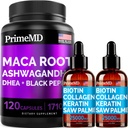 4- in-1 Liquid Biotin Kolagen Keratin Saw Palmetto Drops (2 fl oz - 2 Pack) & 6- in-1 Maca Root Ashwagandha w Black Pepper Fruit (120ct) Bundle - vlasy, kůže, hřebíky, energie a mood Supplement