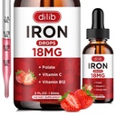 Liquid železo dodatek pro ženy a muže Železné Kapky Železné doplňky pro anémie s folátem, Vitamin C, B12 pro červené krvinky Support- Strawberry, 2 Fl Oz