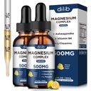 (2 Pack) Glycinát hořečnatý, Citrát, Malate Liquid Drops- Triple Magnesium Complex Dodatek 500mg s Ashwagandha, L-Theanine, Vitamin B6-Support Calm, Stress Relief, Spánek, Muscle-Lemon Flavor