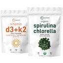Mikro ingredience Organic Chlorella Spirulina 3000mg Tablety & Vitamin D3 5000iu + K2 100mcg Bundle 2 Balení 124; Prasklá buněčná zeď, bohaté na Vegan Protein & Chlorofyl Vitamíny