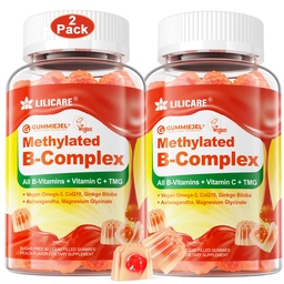 Dámské a pánské Super vitamin B Complex Filled Gummies, Methyled w / Omega 3, Magnesium, CoQ10, Ashwagandha, Vitamin C, TMG, Sugar Free - 60 Počet balení po 2)