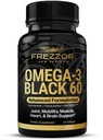 FREZZOR Omega 3 Black for Joint Care & Comfort - Nový Zéland Green Lipped Mussel Oil Capsules; 53x Vyšší potence s UAF1000 + Super Antioxidant, No Fishy After taste, 1- Pack, 60 Softgels