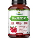 Zazzee D-Mannose, 1000 mg per Serving, 180 Vegan Kapsle, 3 Měsíční dodávky, Potent & Fast- acting, Certified Kosher, 100% čisté, All- Natural Urinary Tract Health Support, 100% Vegetarian, Non- GMO