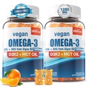 Vegan Omega 3 Gummies 1280mg + vitamin D3 K2 (MK7), Omega 3 Fish Oil Alternative pro dospělé, w / Algae EPA 600mg & DHA 400mg, MCT Oil - No Fish Taste - pro mozek, oko, imunitní zdraví, cukr zdarma, 2 balení