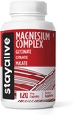 STAY ALIVE Triple Magnesium Complex Supplement 500mg, Chelated Glycinate, Citrát & Malate Powder, High Absorption Magnesium pro ženy a muže, 120 pilulky, Non- GMO & gluten- Free Kapsle