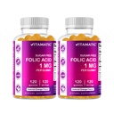 Vitamatická kyselina listová Gummies 1000 mcg (1 mg) - esenciální prenatální vitamin B9 pro mámu a dítě - 120 Veganských Gummies per Bottle - 2 balení