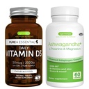 Denní Vitamin D3 + Ashwagandha + L- Theanine & Magnesium Vegetarian Bundle, 365 2000iu Vitamin D3 Tablety + 600 mg KSM- 66 Ashwagandha s zinek & B Vitamíny, od Igennus