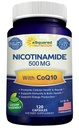 Nikotinamid s CoQ10 (120 kapslí) - Vitamin B3 500mg (Niacinamid Flush Free) - Koenzym Q10 Powder - VIT B-3 & Coq 10 Doplněk pilulky na podporu energie, NAD, & Skin Cell Health