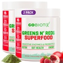 GOBIOTIX Super Zelené a červené Powder - Červený a zelený Superfood - Probiotický dodatek - Hudební enzymy a kořenový prášek - Organické celé potraviny Dietní dodatek (Pom Raspberry, 2 Pack)