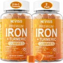 Železné gumy + Kurkuma 600mg pro ženy Muži, Železný dodatek s multivitamins C, A, B-komplex, folát, zinek pro nedostatek železa, anémie a energie, Gentle, Non- Constipating, Žvýkací, Vegan, 2 Pack