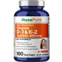 NusaPure Vitamin K2 (MK7) (200mcg) + Vitamin D3 (10000 IU) 180 Veg Caps - Bioperine, Soyfree, Non- GMO
