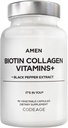 Amen Biotin Kolagen Vitaminy + 10 000 mcg Biotin dodatek - Hydrolyzované kolagen, Vitaminy C & E, Folát, Hyaluronic Acid, Keratin, MSM, Saw Palmetto - 3-Month Supply - Non- GMO - 90 Kapsle