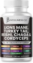 Lions Mane dodatek Kognitivní podpora, Imunitní zdraví s krůtí ocas 20in1 Houba Reishi Cordyceps Chaga s Marshmallow Root 60 Počet